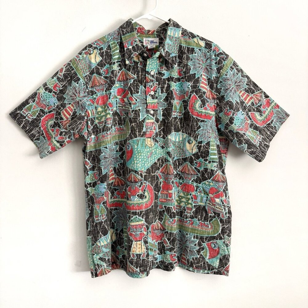 Reyn Spooner Black Short Sleeve Hawaiian Shirt Tribal Fish Pattern Men’s Size XL